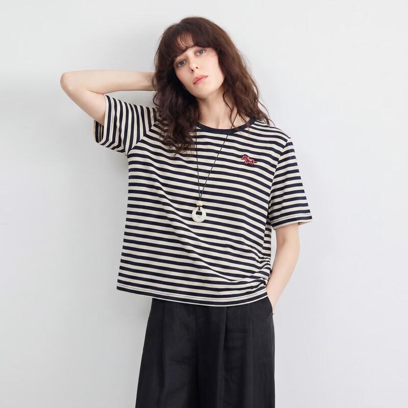 Demana Women s Striped Embroidered Short Sleeve T-Shirt L