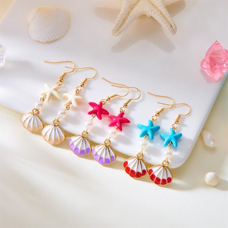 Trendy Oceanics Inspire Earrings Seashells Designs Drop Ear Hook Accessory for Sensitive Skin Casual To Party Wear