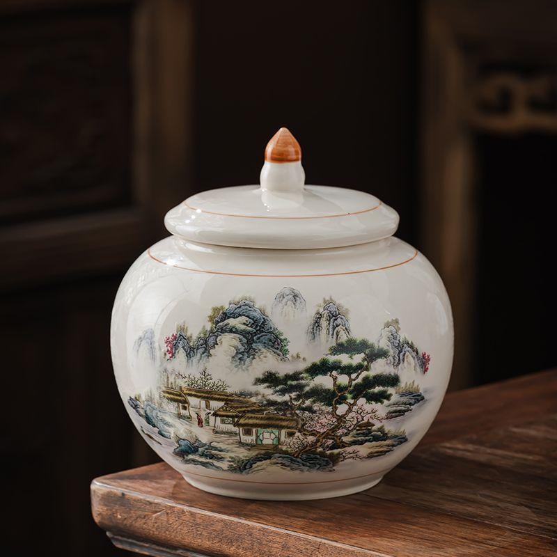 Creative Ink Landscape Pattern Ceramic Tea Caddy with Lid Sealed Moisture-proof Storage Jar Countertop Crafts Decoration Jar