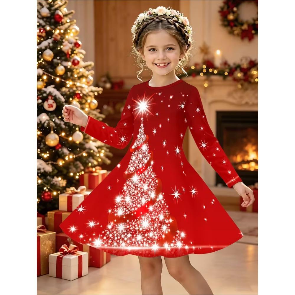 Girls' 3D Santa Claus Dress Long Sleeve Summer Spring Vacation Daily Holiday Princess Beautiful Sweet Kids 4-12 Years Casual Dress A Line Dress