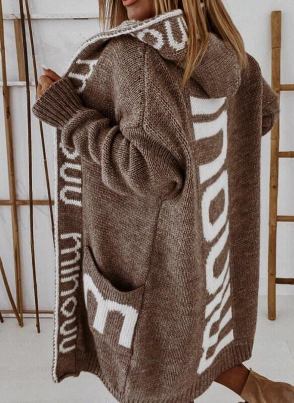 2025 Autumn/Winter Women's Hooded Letter Knit Cardigan Sweater - European & American Cross-Border Style