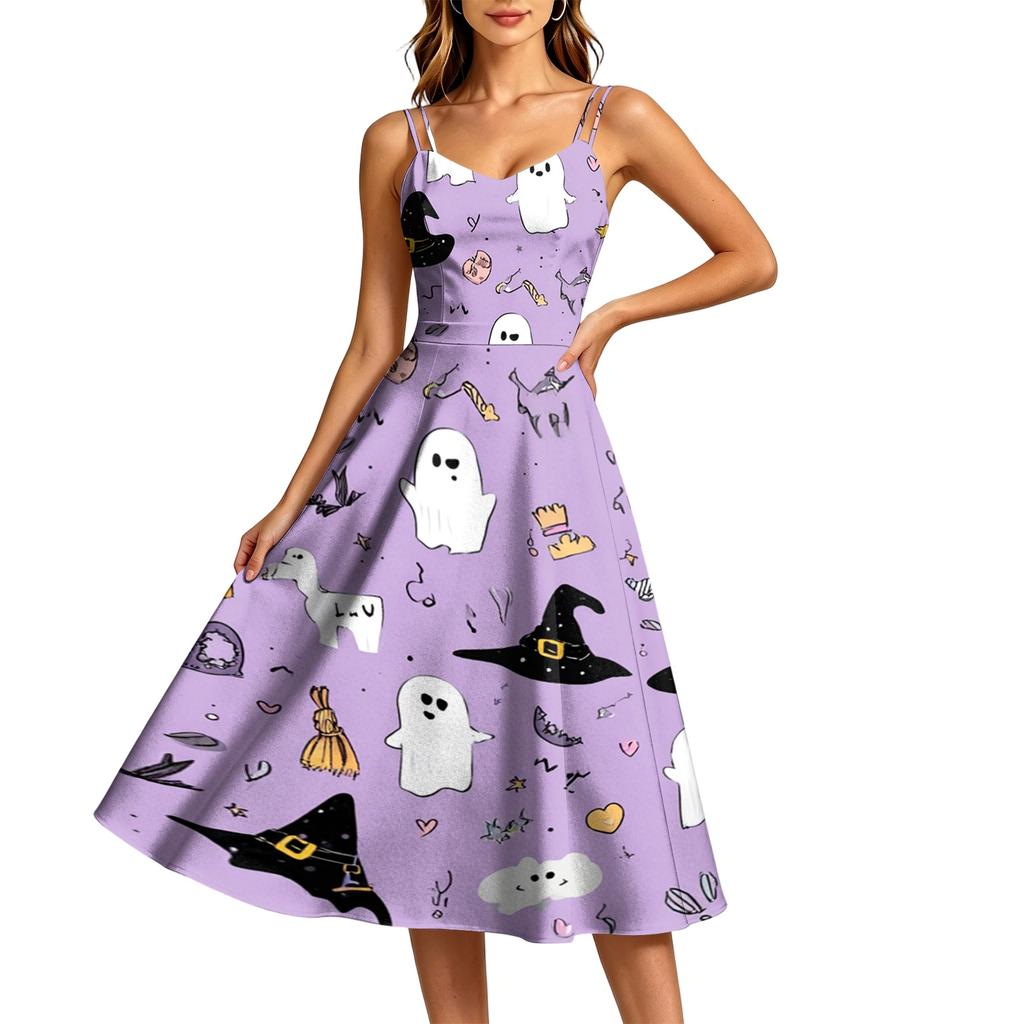 Women's Casual Halloween Print Round Neck Sleeveless Dress for Holiday Party