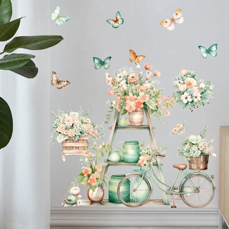 Cartoon Cat Flowers Potted Plants Wall Stickers Fake Windows Warm Bedside Bedroom Decorative Decal Stickers Wallpaper