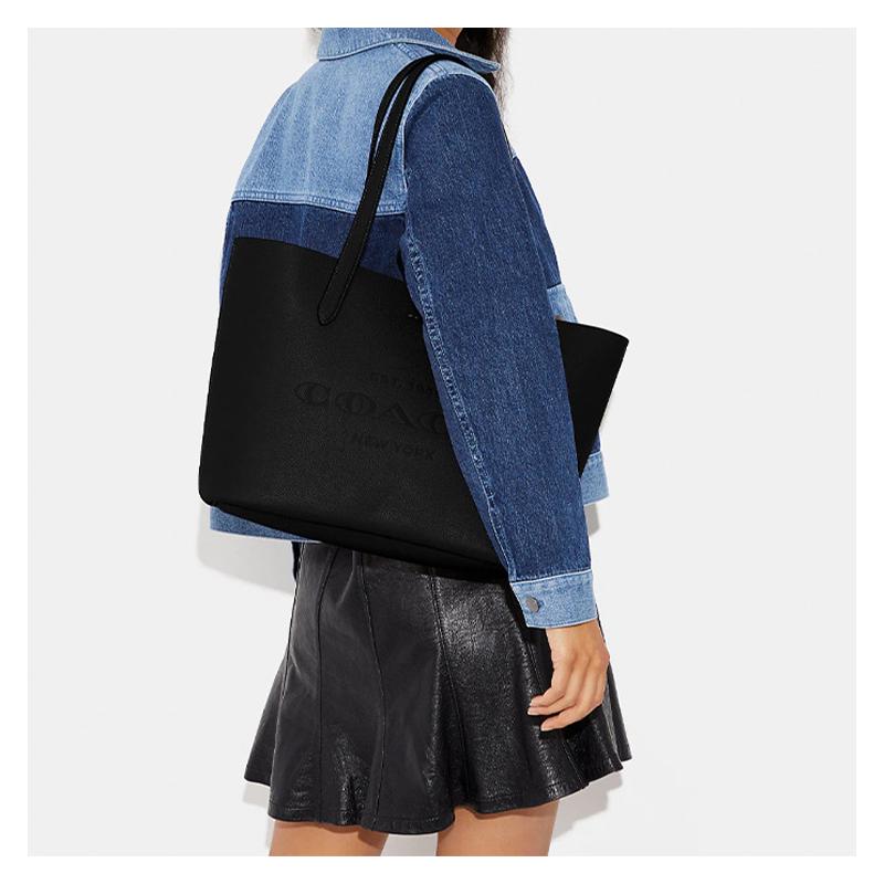 Coach Cameron 34 Solid Color Embossed Logo Snap Pebbled Leather Tote Bag Tote Bag Shopping Bag Hand Shoulder Bag Large Women's Black