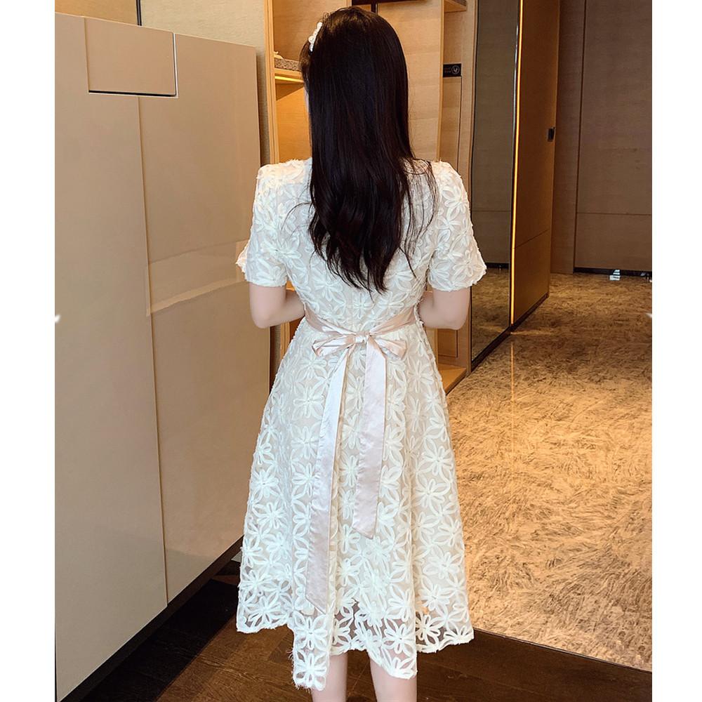 Elegant Mesh Embroidery Flower Summer Dress for Women 2024 New Casual Round Neck Lace-up Slim Short Dress Women Clothing