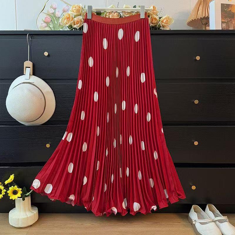 Elegant Polka Dot A-Line Pleated Long Skirt for Women - Autumn Casual Slim Fit