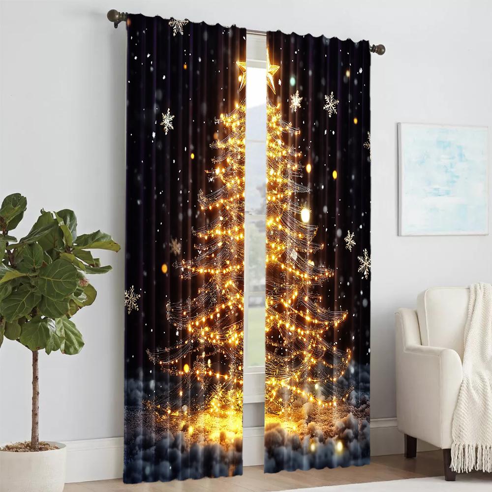 2Pcs Golden Christmas Tree Print Curtains Rod Hole Design For Easy Hanging Perfect For Living Room Bedroom Office Polyester Home