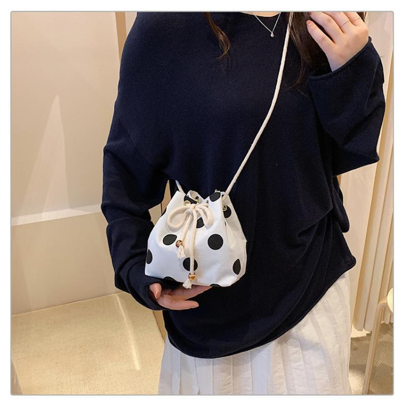 Polka Dot Nylon Drawstring Crossbody Bag Soft Lightweight Adjustable Strap Fashion Shoulder Purse for Women Shopping