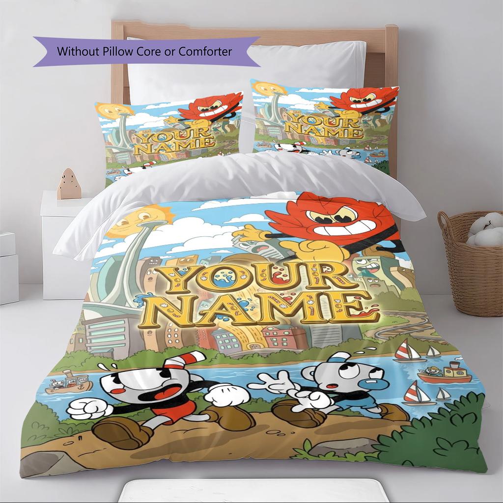 Name Custom Cuphead Game Pattern Bedding Set Quilt Cover Pillowcase Home Decor Gift (1 * duvet cover + 2 * pillowcase, without core)