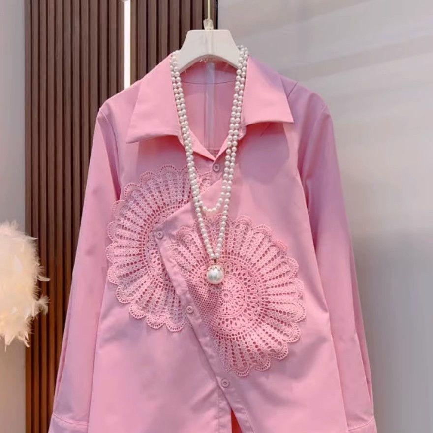 

Fashion White Shirt Women Y2k Irregular All-match Long Sleeve Blouses Spring Autumn Lapel Neck Blusas Mujer M рожевий