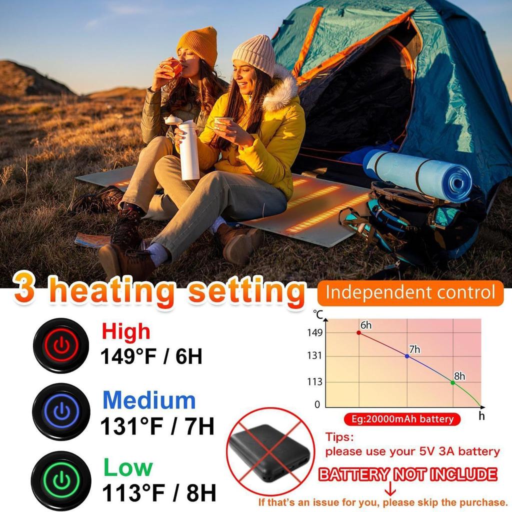Heated Camping Pad Soft Foldable Warm Adjustable Blanket Sleeping Bag Liner For Men Women Hiking Outdoor Picnic Travel Survival