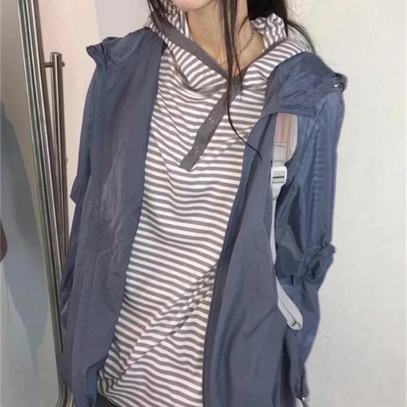 Striped Long Sleeved Casual Fashion Hooded Women's Clothing Y2k Top