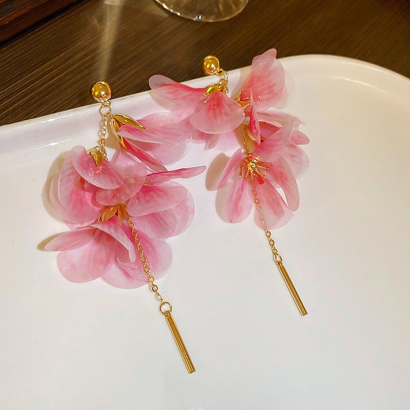 Pink Yarn Mesh Flowers Tassel Dangle Earrings for Women Sweet Girly Imitation Pearl Pendientes Fairy Lolita Party Ear Decoration