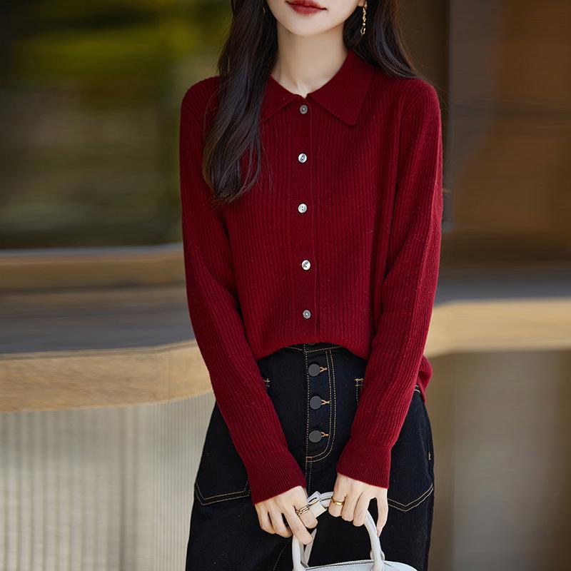 2024 Autumn/Winter Women's 100% Wool Striped Polo Collar Cardigan - Loose, Slimming, Versatile Fashion.