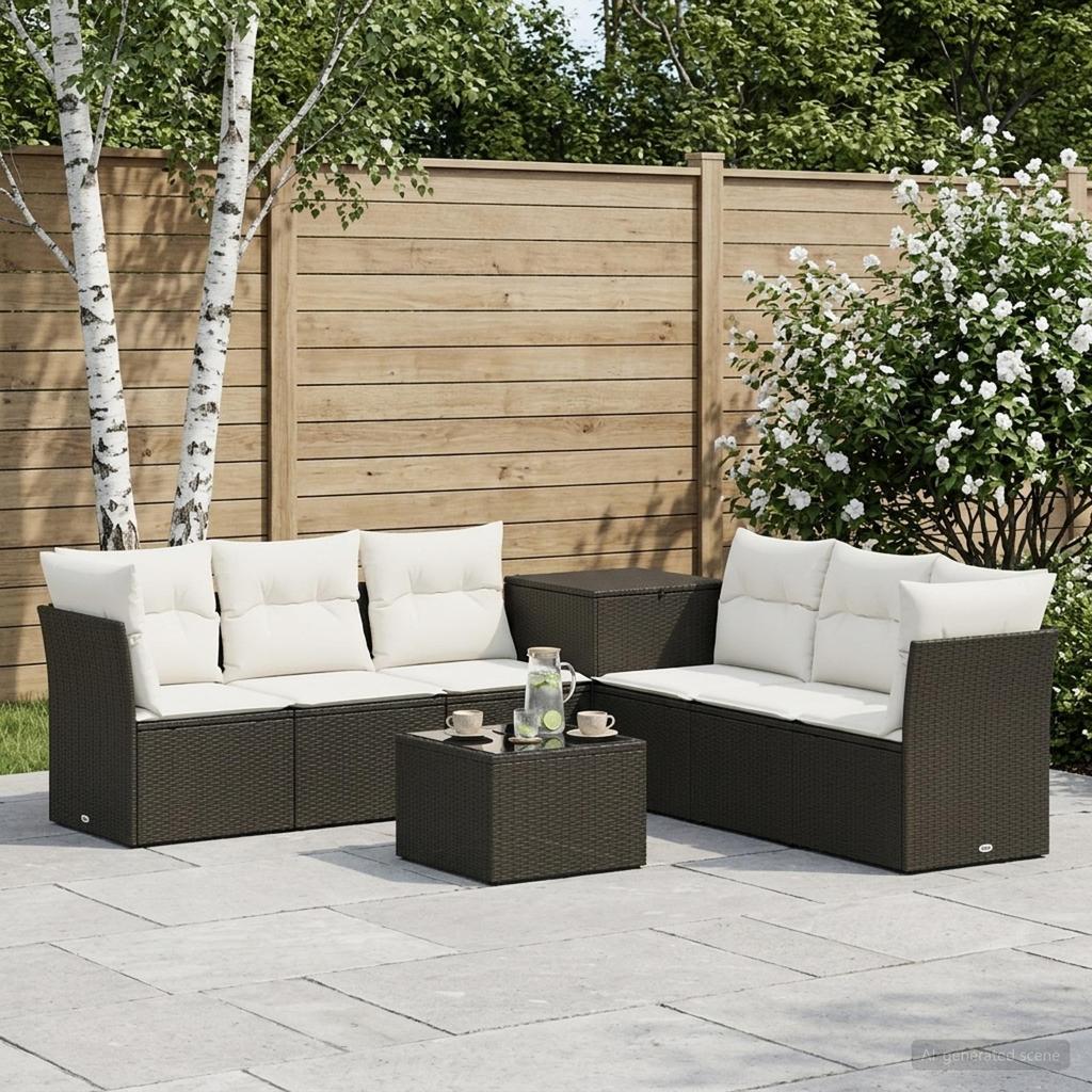 Sofa Set 8 Pieces Black and Cream White Poly Rattan and Steel