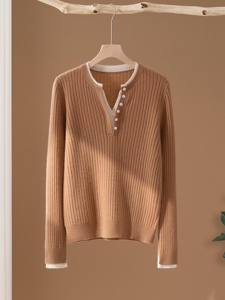 Women's 2026 Autumn/Winter V-Neck Faux Two-Piece 100% Pure Cashmere Sweater - Fashionable Button-Up Base Layer