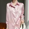 Women Embroidered Satin Shirt Turn Down Collar Long Sleeve Floral Jacquard Casual Blouse