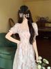 First Love Floral Chiffon Square Neck Elegant Summer Dress for Women, Plus Size, Waist-Cinched, Slimming, and Fairy Long.