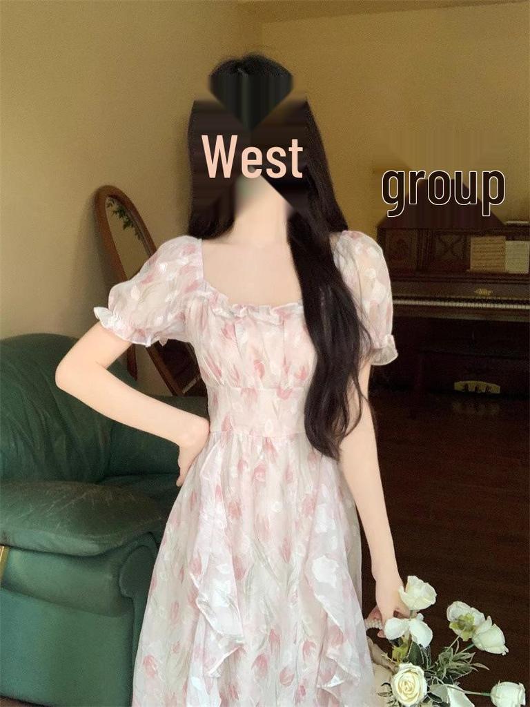 First Love Floral Chiffon Square Neck Elegant Summer Dress for Women, Plus Size, Waist-Cinched, Slimming, and Fairy Long.
