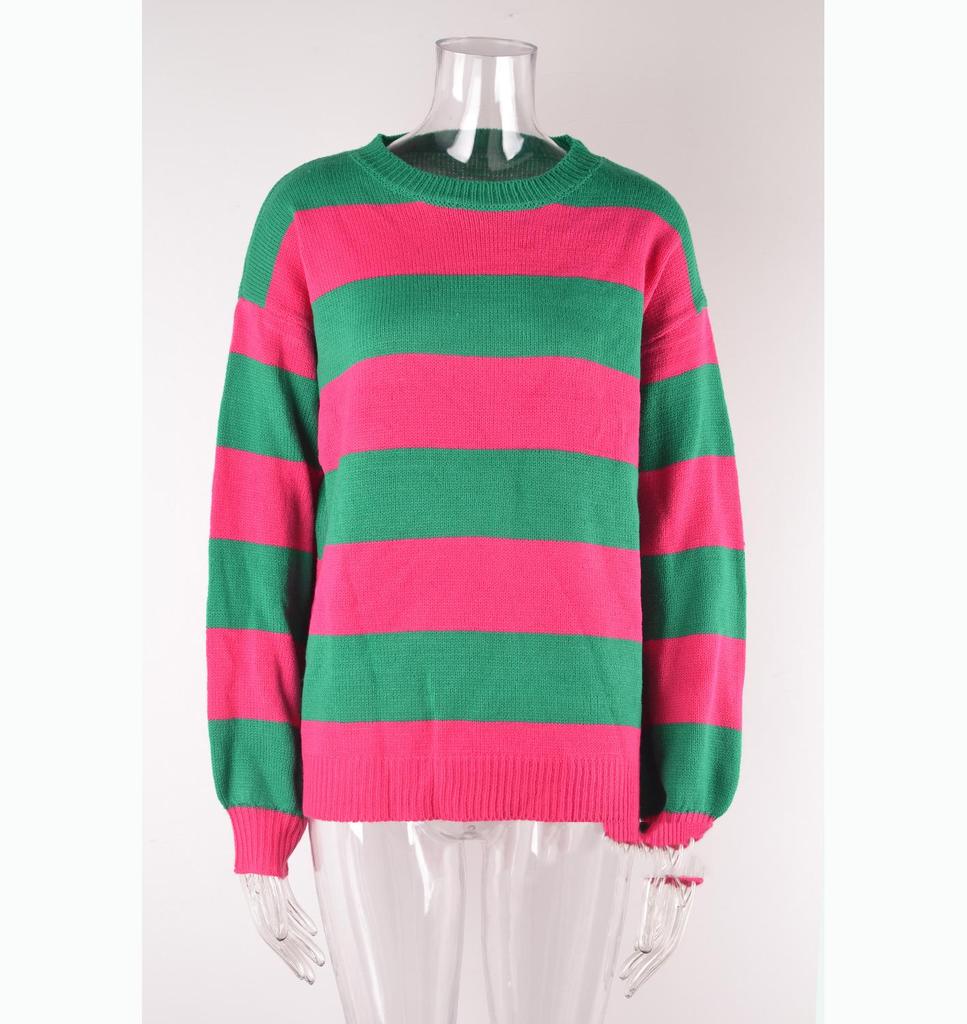 Plus Size Women Striped Spliced Round Neck Pullover Sweater Loose Lazy Autumn Wear