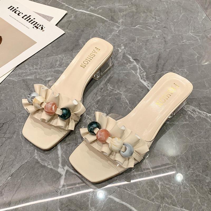 French crystal thick-heeled one-word slippers for women's outerwear 2025 summer new fashionable versatile small fresh high-heeled sandals