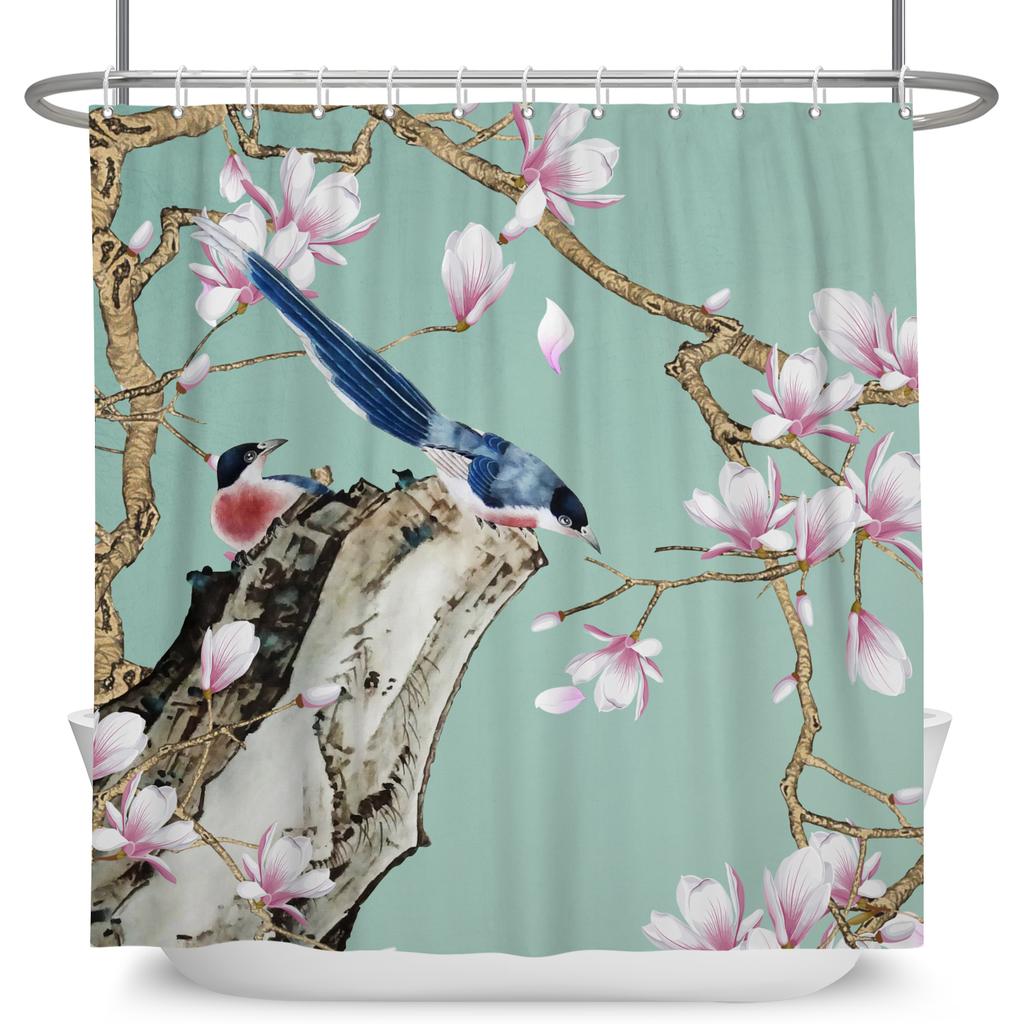 Vintage Bird Flower Shower Curtain with Hooks Artistic Peacock Floral Design Chinese Style Waterproof Polyester Bathroom Curtain