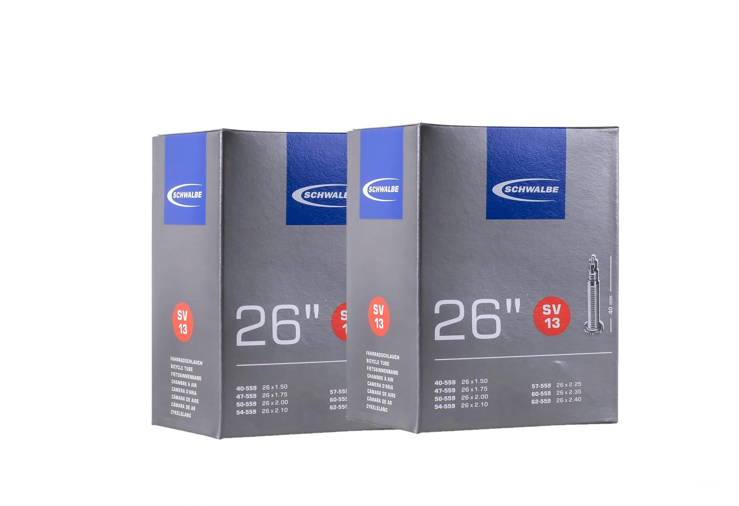 

SCHWALBE Set of 2 Bicycle Tubes, Genuine, 26x1.50/2.40, 40mm Presta, 13SV, Boxed