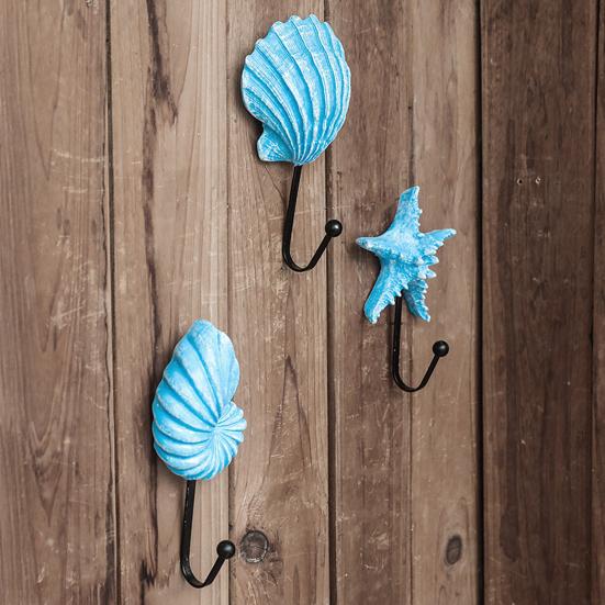 3 Pezzi Ganci da Parete, Ganci Appendiabiti Vintage in Metallo e Resina a Forma di Conchiglia per Bagno Cucina Ingresso, Appendioggetti Decorativo a Tema Spiaggia con Stella Marina Conchiglia,