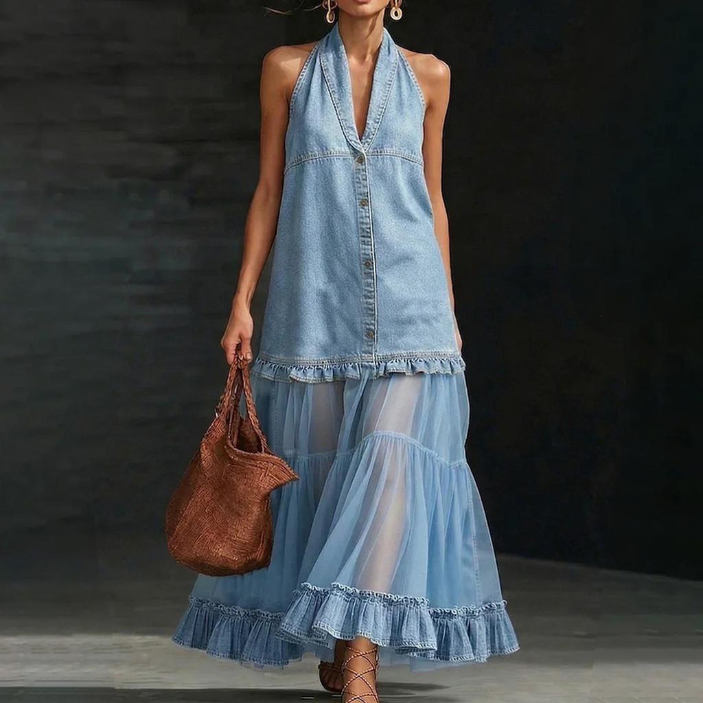 Vestido Maxi sin Mangas con Cuello Halter con Encaje y Paneles Transparentes con Volantes Vestido Largo Casual de Verano para Mujer