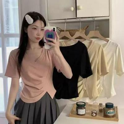 Women's Irregular V-Neck Short-Sleeve Pleated T-Shirt - 2024 Summer Collection