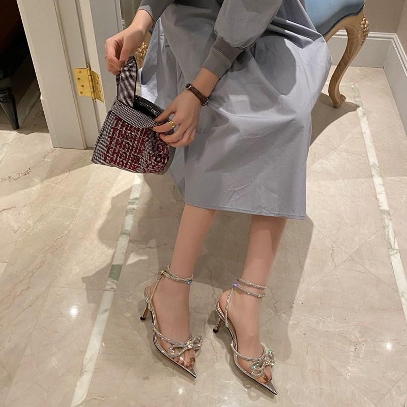 fashion Fashion Women Transparent Sandals Pointed Toe PVC Elegant Pumps Thin High Heels Rhinestone Ankle Strap Buckle Closed Dress Shoes