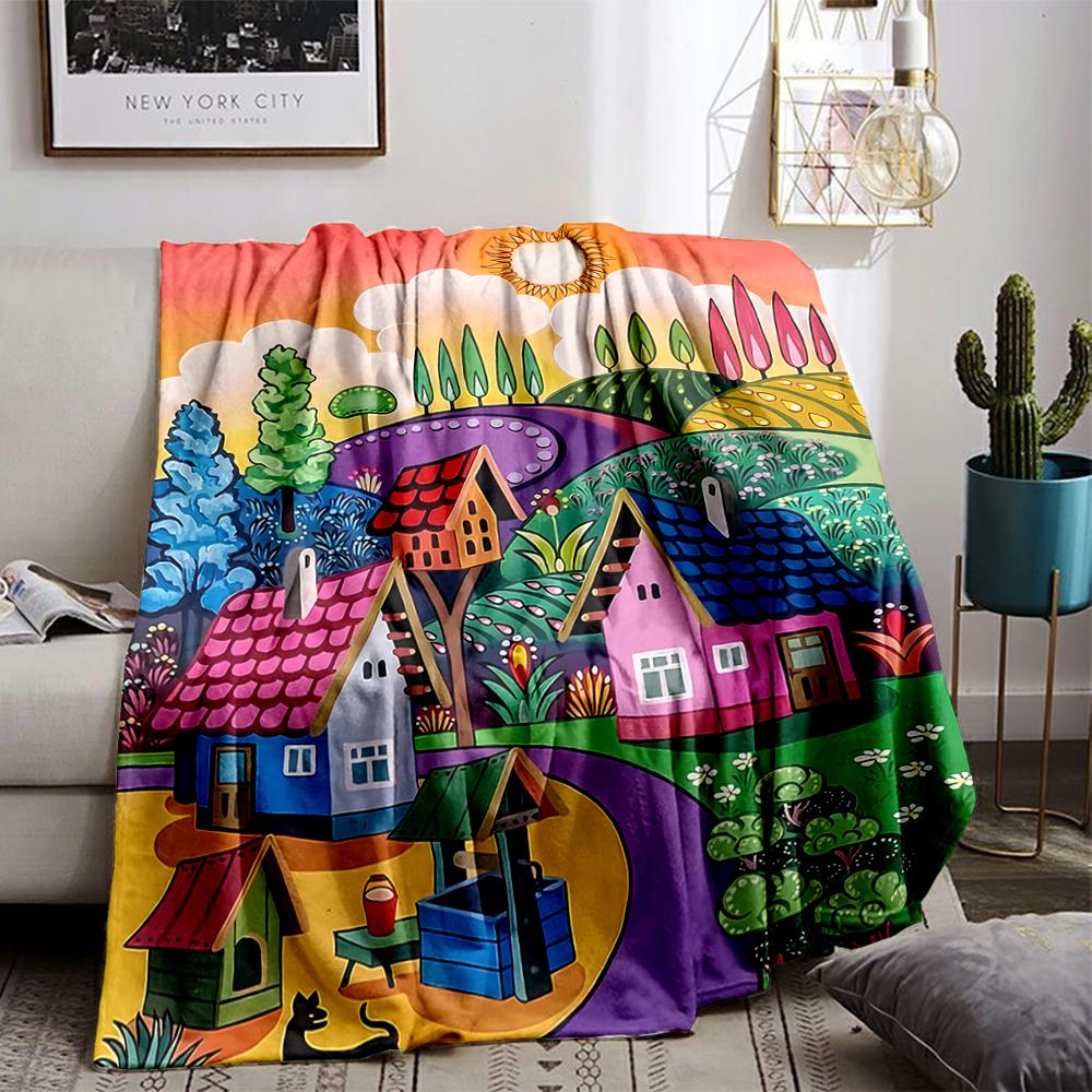 Colorful Fairy Tale Village Landscape Printed Blanket Blanket Decor Blanket, Suitable for Use In the Bedroom, Living Room, On the Sofa