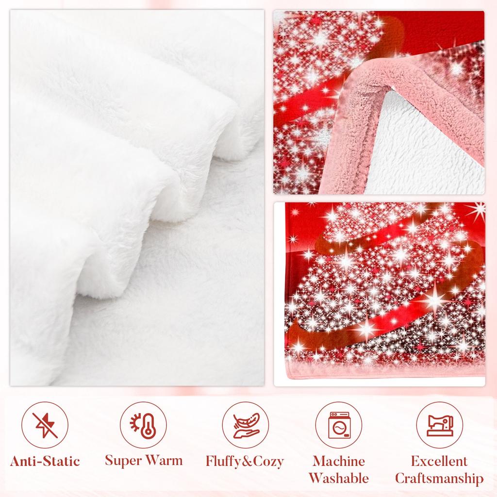 Red Shiny Christmas Tree Flannel Throw Blanket Sparkling Star Light Print Xmas Winter Sofa Blanket