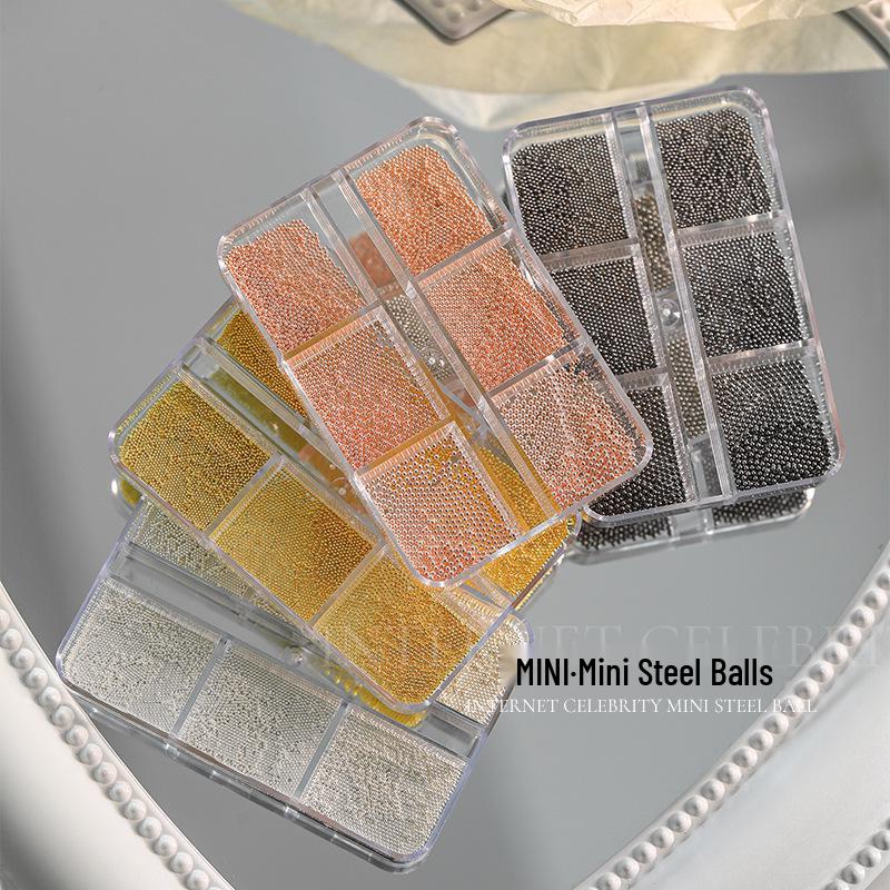 6-Grid Boxed Gold & Silver Metal Round Beads for DIY Nail Art & Jewelry Accessories