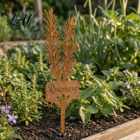 Gartendeko für Innenhöfe Rasenflächen Metallpflanzenstab Rostiges Rosmarinetikett Dekorative Kräuteretiketten Outdoor Thymian-Markierer Hofkräuter Hochbeet Pflanzgefäß