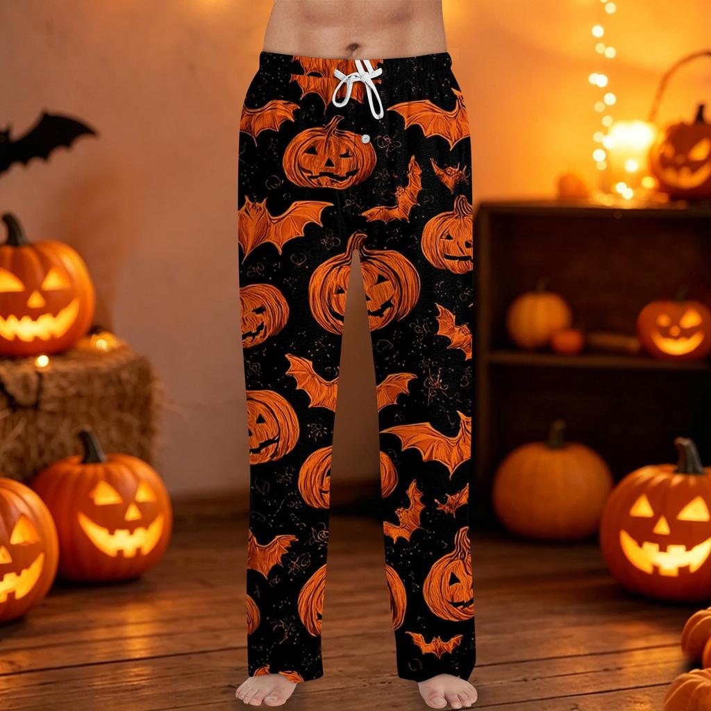 Men's Halloween Printed Drawstring Lounge Pants Casual Sleepwear Long Trousers with Adjustable Waistband and Button Fly