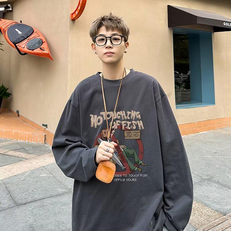 Sweat à capuche imprimé décontracté ample pour homme, haut à manches longues et col rond pour le printemps et l'automne