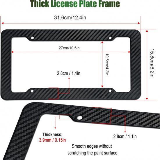 Carbon Fiber License Plate Frames- Black Carbon Pattern Plastic Front & Rear Car Tag Holder Cover 2 Pack With Mount Hardware, Screws, Caps, Handlebar