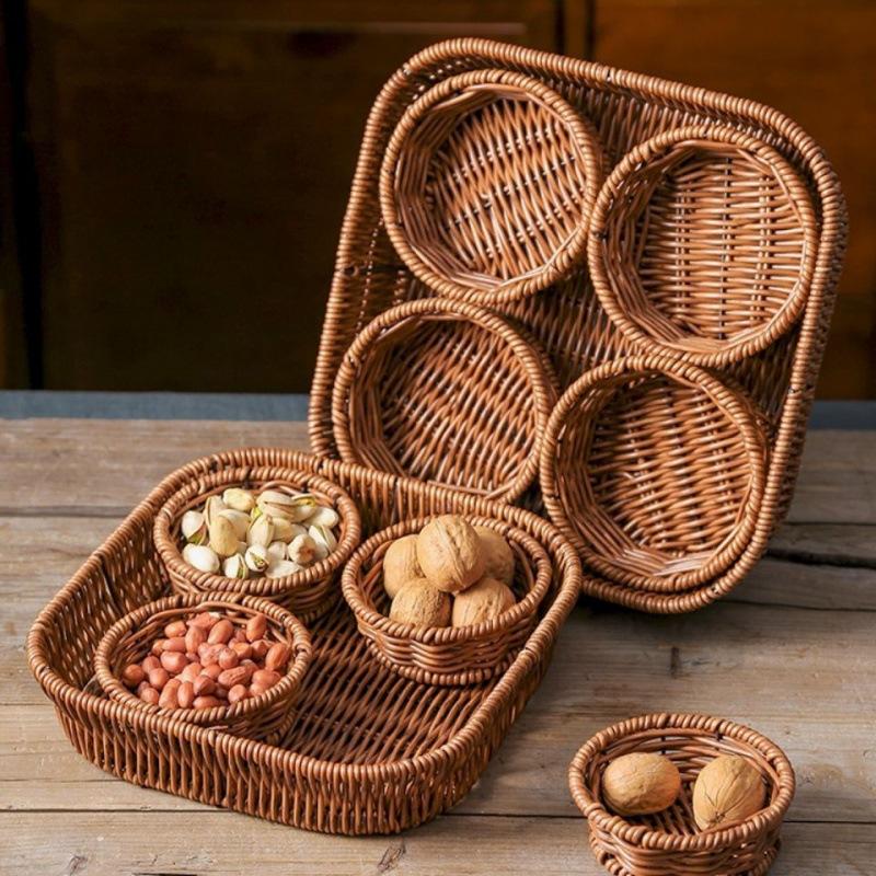 Obstteller Retro Imitation Rattan gewebt Picknick Obstkorb Obstteller Snack Lagerung Division Grid Nusskorb Lebensmittelkorb