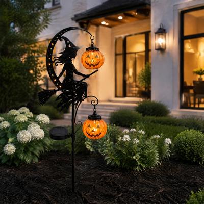 Seasonal Flower Bed Decor Halloween Solar Garden Stake Light, Witch Pumpkin Moon Lantern, Decorative Path Lights IP44 Waterproof Metal Outdoor