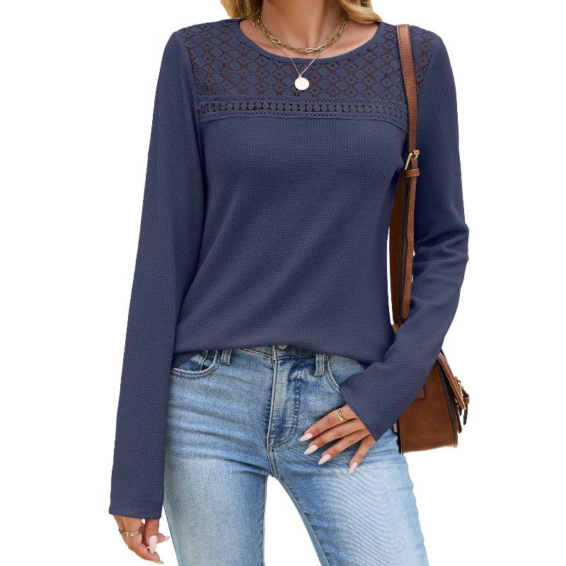 Neues Herbst-Winter-T-Shirt für Damen, einfarbig, Rundhalsausschnitt, mit Spitze bestickt, locker, langärmelig