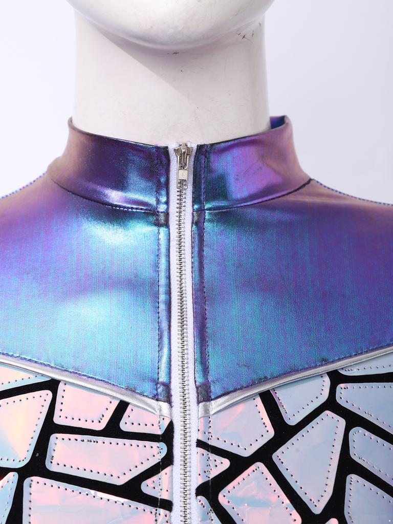 Womens Shiny Sequins Jumpsuit Long Sleeve Structured Shoulder Pads Front Zipper Short Bottoms Rompers