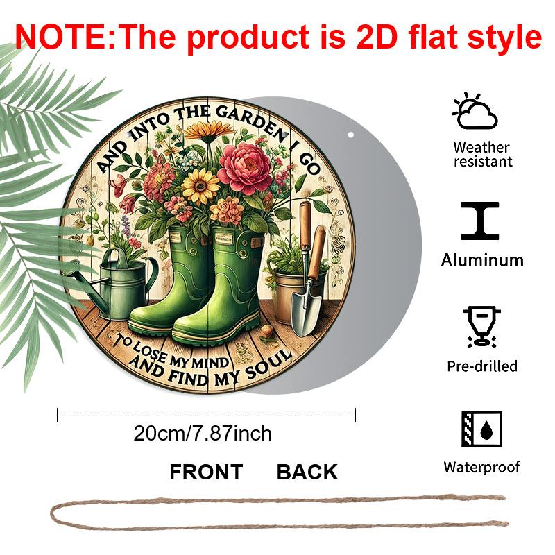 2D Flat, 1pc Round Aluminum Metal Wall Sign, Rustic Style "Welcome to My Garden" Wall Decor - A Product with Floral and Gardening Tool, Suitable for