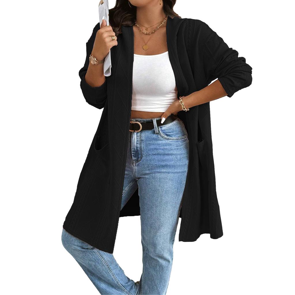 Dames Strandet Mønstret Hette Midilengde Trenchcoat Jakke Cardigan
