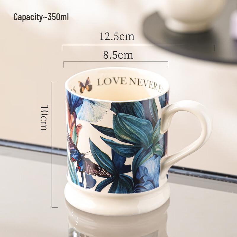 Shangqi Oil Painting Floral Ceramic Mug with Blue Butterfly Design