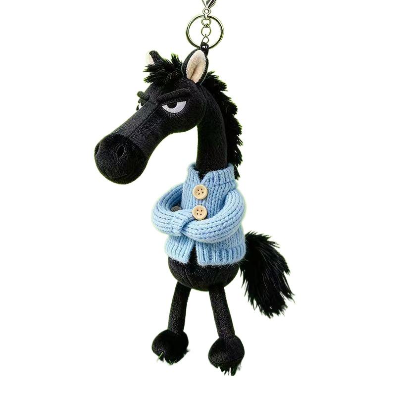 Popular Sky Selection High Cool Black Horse Keychains Soft Plush Mascot Car Pendant Sweater Knitted Baby Doll Key Rings for Women's Handbag Child Bags