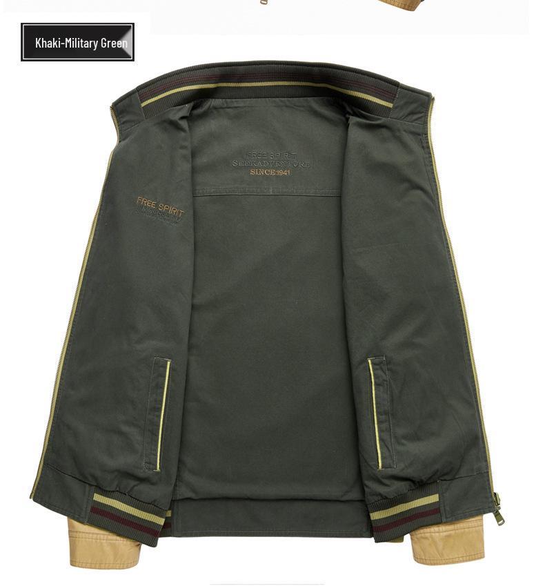 Men's Double-Sided Pure Cotton Jacket - Stand Collar, Loose Fit, Business Casual for Spring and Autumn.