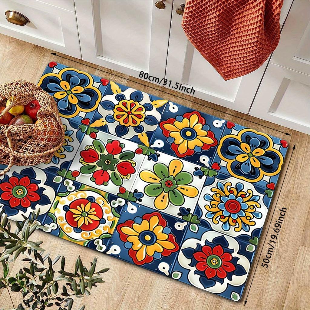 Mexican Talavera Floral Tile Kitchen Runner Rug Waterproof Oil‑proof Non‑slip Long Floor Mat For Kitchen Space Rug