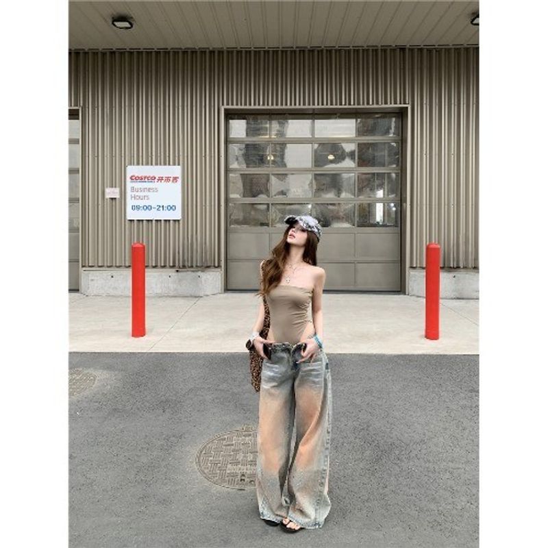 Kumikumi Pure Desire Style Set Sexy Tube Top Vest Women Summer Loose All-Match Age-Reducing Jeans Two-piece Set