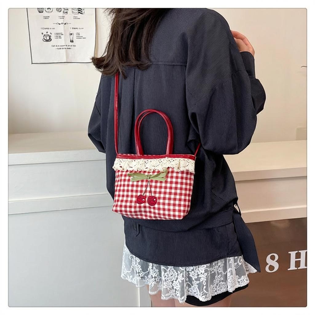 Bolso Bordado de Cerezas Bolso de Lona Cuadros Cómodo Bolso Cruzado Bolso de Lunares Para Compras Citas Viajes Diarios